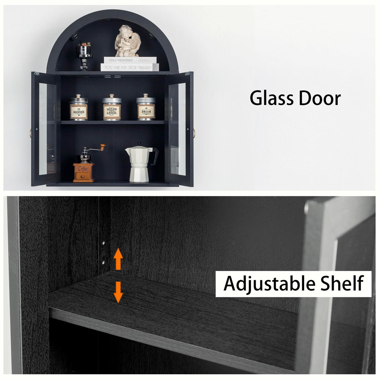 TDLEAYYD Arched Wall Cabinet with Glass Door, Arch Display Wall Mounted Cabinet, Farmhouse Wall Cabinet with Shelves for Living Room, Bathroom, Kitchen (Black) TDLEAYYD