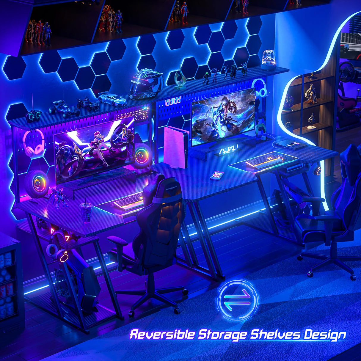 Gaming Computer Desk with Power Outlets, Gaming Desk with Hutch and LED Lights, Reversible PC Gaming Desk with Pegboard, Carbon Fiber Black, 47" armocity