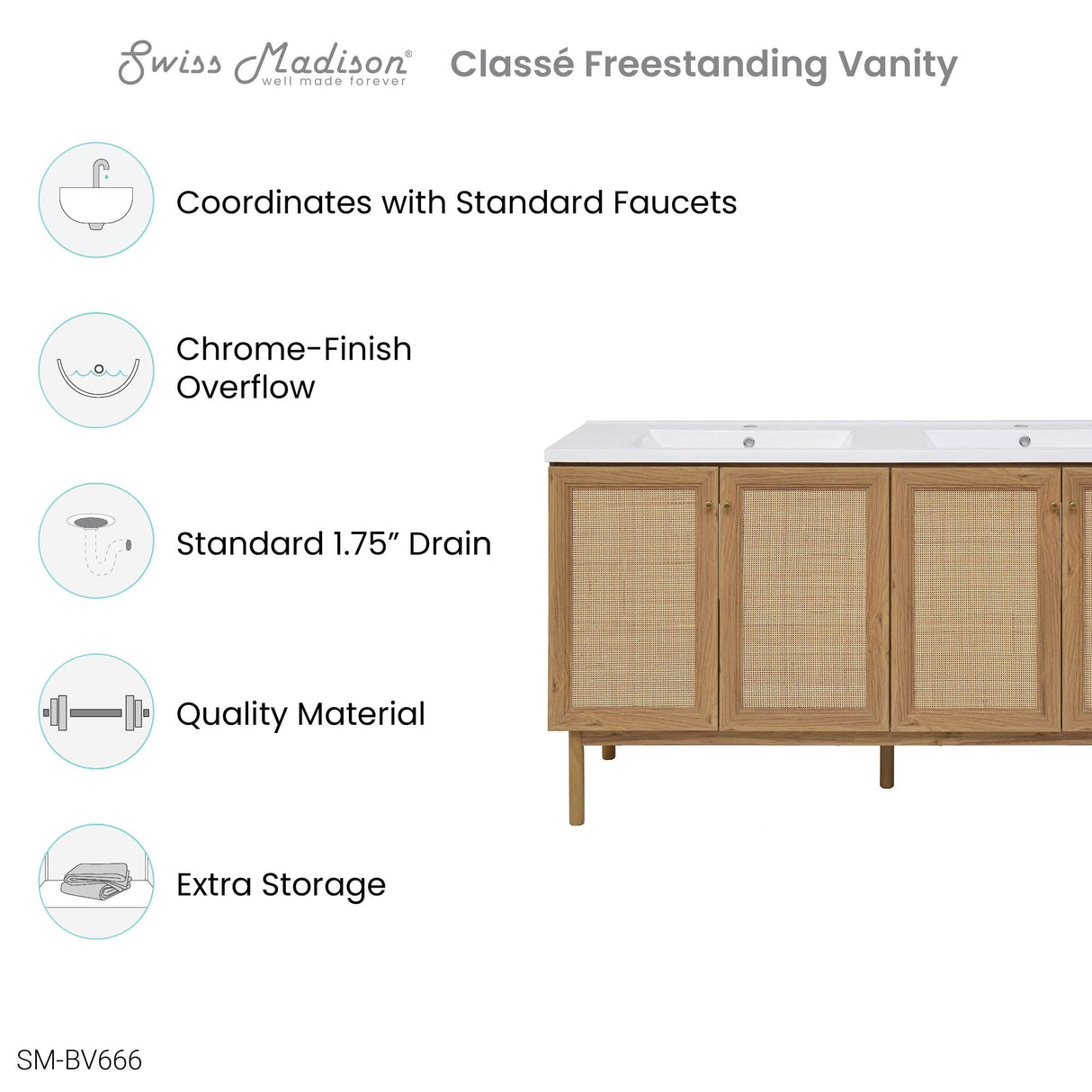 Swiss Madison SM-BV666-C Classe 60" Double Free Standing Vanity Cabinet Only - Less Vanity Top - Oak Swiss Madison
