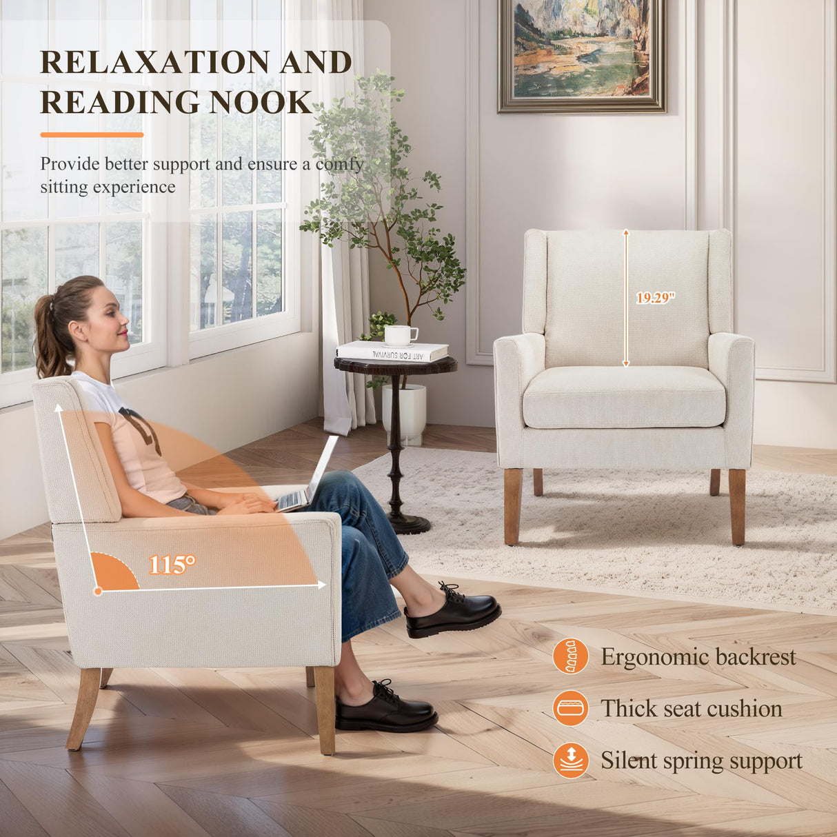 Accent Chairs for Living Room, Mid-Century Wooden Fabric Living Room Chairs, Arm Chair, Side Chairs for Living Room, Bedroom, Reading Nook CHAIRKER