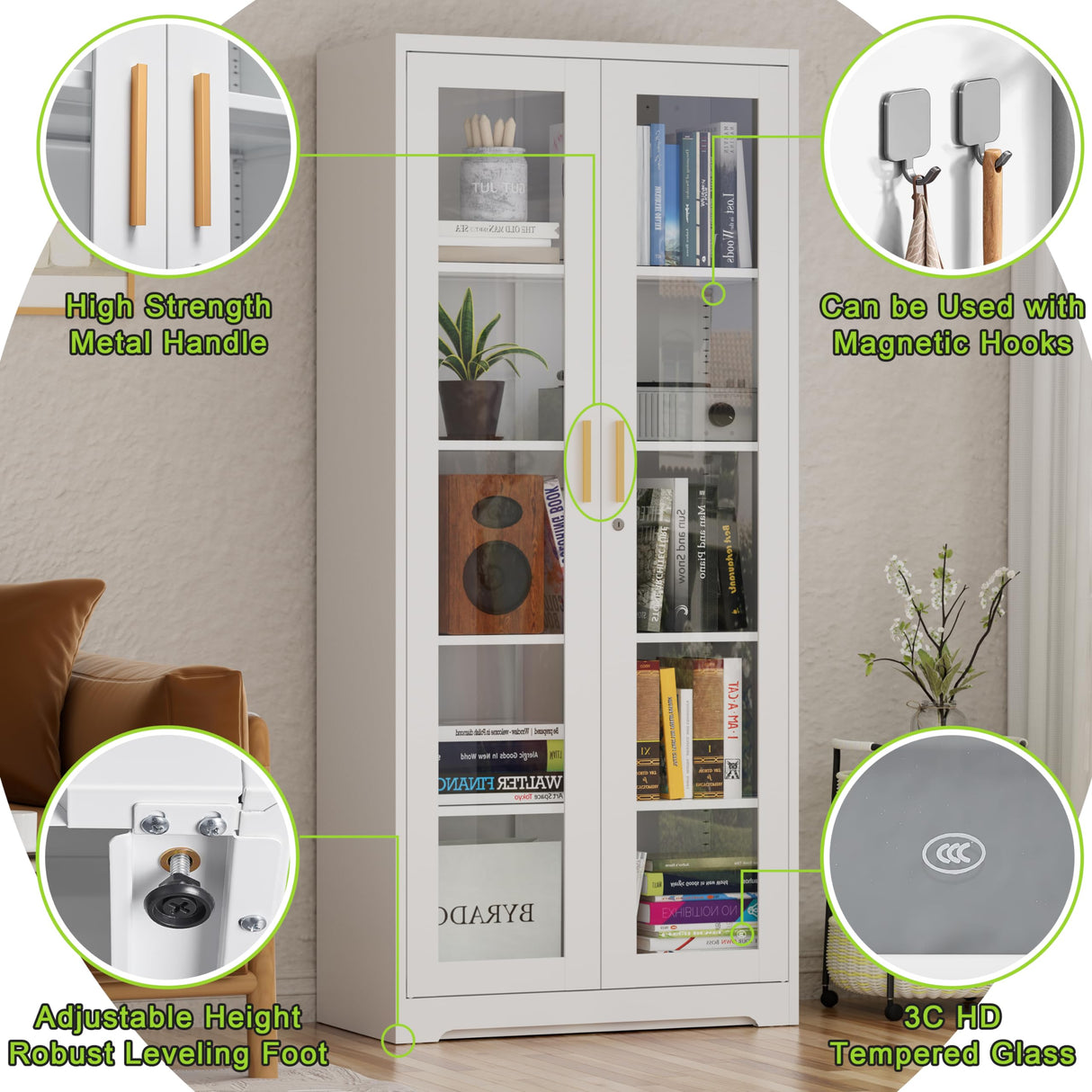 UNICOLY Storage Cabinet with Doors and Shelves, Display Cabinet with Glass Doors, Pantry Cabinet, Curio Cabinet with Locking Doors, Metal Storage Cabinet for Office,Kitchen,Living Room 71” H White UNICOLY