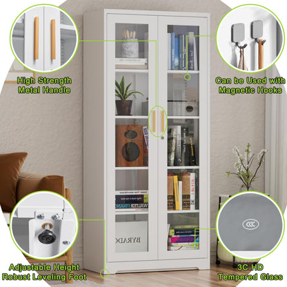 UNICOLY Storage Cabinet with Doors and Shelves, Display Cabinet with Glass Doors, Pantry Cabinet, Curio Cabinet with Locking Doors, Metal Storage Cabinet for Office,Kitchen,Living Room 71” H  - WoodArtSupply