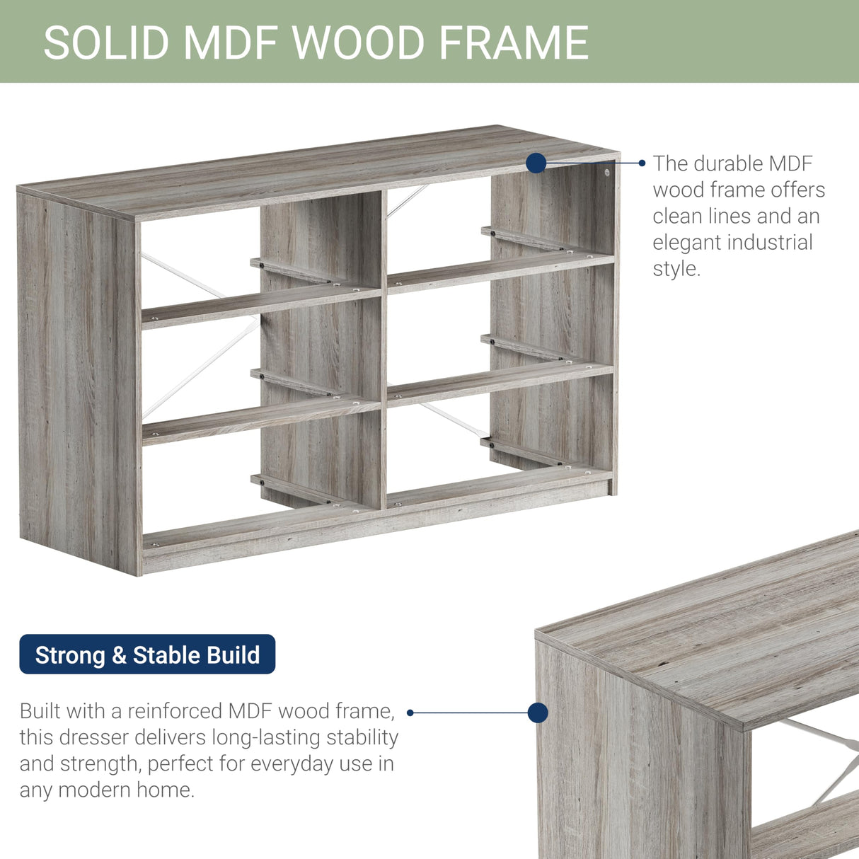 Modern 6-Drawer Dresser with Spacious Storage,Sturdy Wood Frame, and Large Capacity Drawers, Dressers for Bedroom, Home Organization Storage for Living Room or Hallway, Grey Techni Home
