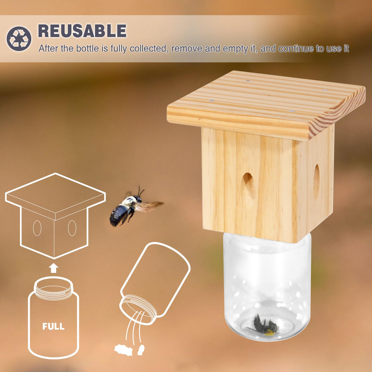 2 PCS Wood Carpenter Bee Trap for Outside - Best Bee Trap - Nature Hanging Carpenter Bee Traps Plastic Jar Outdoor - Insect Traps Best Bee Trap