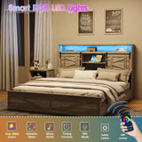 Fameill Farmhouse King Size Bed Frame with 4 Drawers and Bookcase Headboard, Sliding Barn Door Storage Shelves, LED Lights and Charging Station, No Box Spring Needed, Grey Fameill