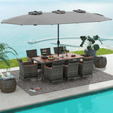 Tangkula 10 Pieces Patio Wicker Dining Set w/Double-Sided Patio Umbrella, Outdoor Acacia Wood Furniture Set w/ 8 Armchairs, 71” Dining Table & 15 ft Umbrella with Weighted Base (Gray) Tangkula