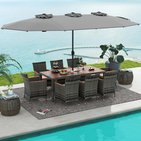 Tangkula 10 Pieces Patio Wicker Dining Set w/Double-Sided Patio Umbrella, Outdoor Acacia Wood Furniture Set w/ 8 Armchairs, 71” Dining Table & 15 ft Umbrella with Weighted Base (Gray) Tangkula
