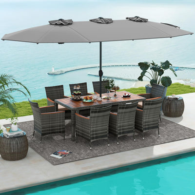 Tangkula 10 Pieces Patio Wicker Dining Set w/Double-Sided Patio Umbrella, Outdoor Acacia Wood Furniture Set w/ 8 Armchairs, 71” Dining Table & 15 ft Umbrella with Weighted Base (Gray)