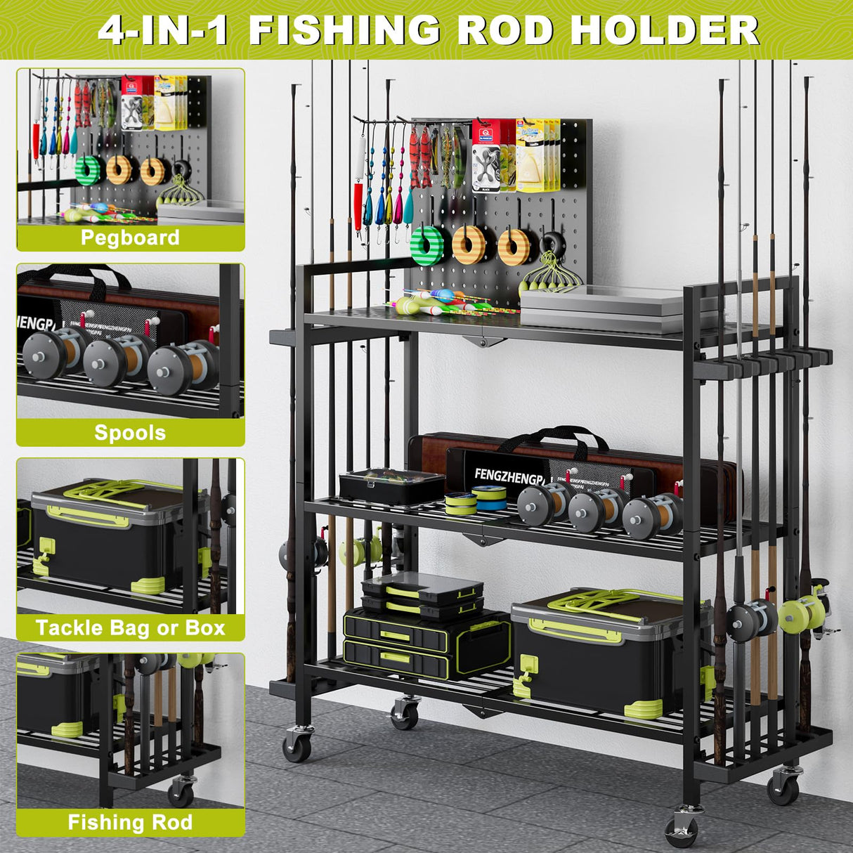 Fishing Rod Holders for Garage, Fishing Rod Stand with Wheels and Pegboard, 3-Tier Pole Storage Rack with 12 Rod Slots, Ideal for Tackle, Backpacks, and Gear Black SEEAHEAD