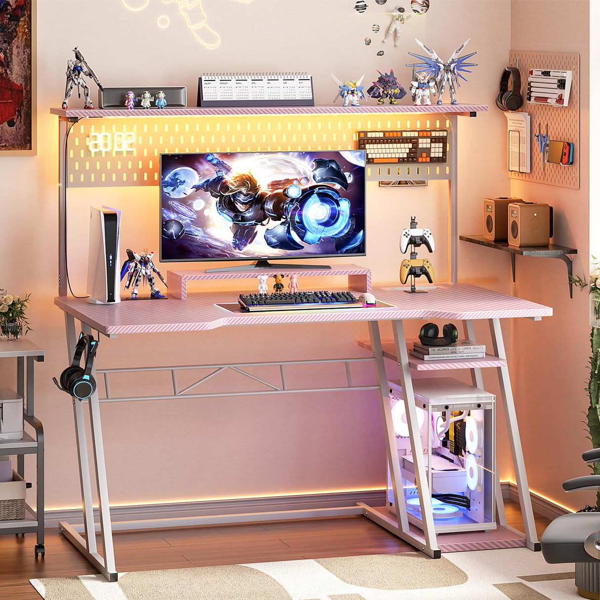 Gaming Computer Desk with Power Outlets, Gaming Desk with Hutch and LED Lights, Reversible PC Gaming Desk with Pegboard, Carbon Fiber Pink, 47" armocity