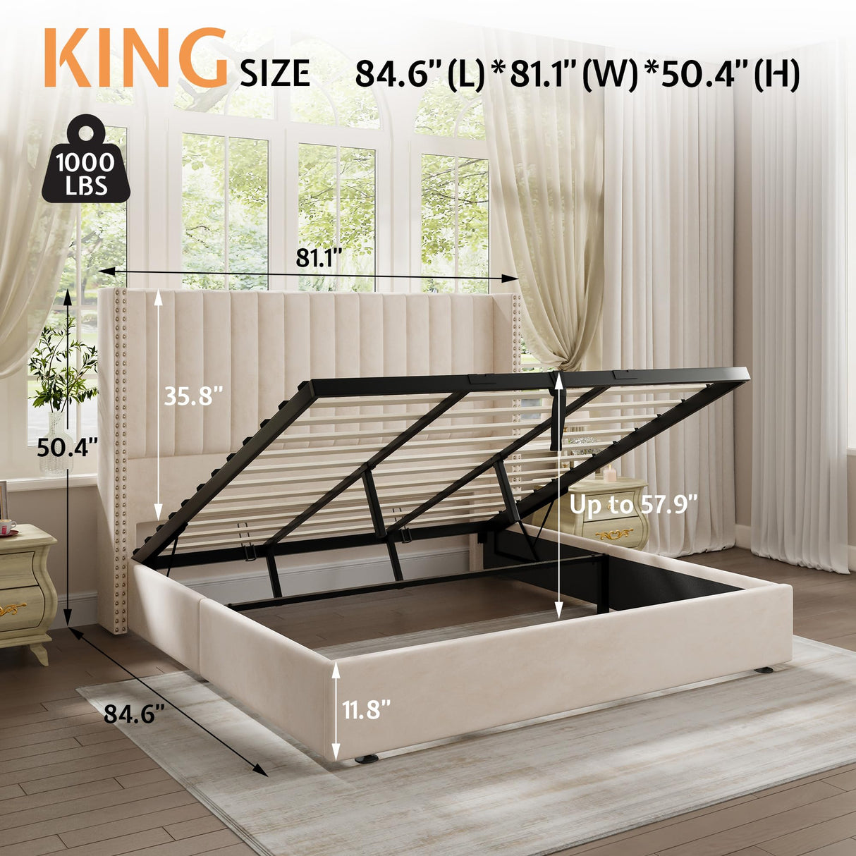 Jocisland Lift up Storage Bed Frame King Size, Upholstered Platform Bed Velvet with Channel Tufted Wingback Headboard, No Box Spring Needed, Cream Jocisland