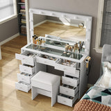 FUSOU Vanity Desk with Power Outlet, Makeup Vanity with Mirror and 12 LED Lights, 3 Lighting Modes,11 Drawers Vanity Table with Chair, Glass Top, Dressing Table for Bedroom,Dressing Room (White) FUSOU