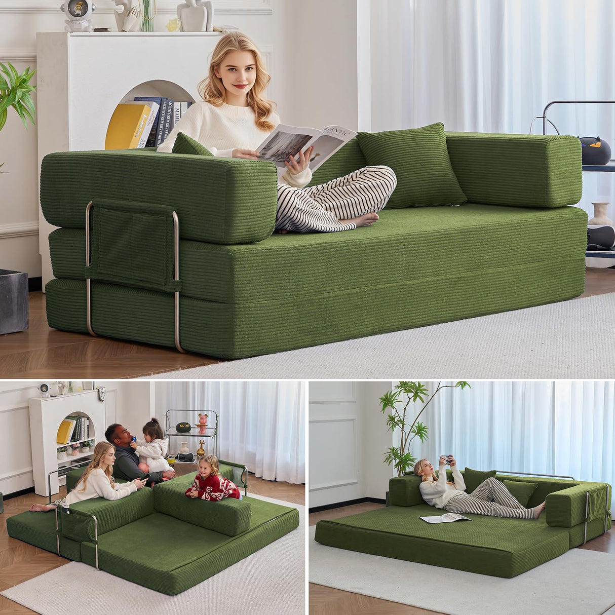 GEARIVY Folding Sofa Bed Convertable Corduroy Couch King Size Floor Sleeper 4-in-1 DIY Combination Modular Sofa Fold Out Futon Lounge Comfy Foldable Lazy cama for Living Room (Green, 80.15") GEARIVY