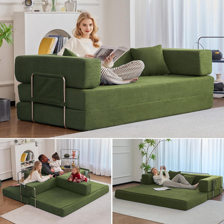GEARIVY Folding Sofa Bed Convertable Corduroy Couch King Size Floor Sleeper 4-in-1 DIY Combination Modular Sofa Fold Out Futon Lounge Comfy Foldable Lazy cama for Living Room (Green, 80.15") GEARIVY