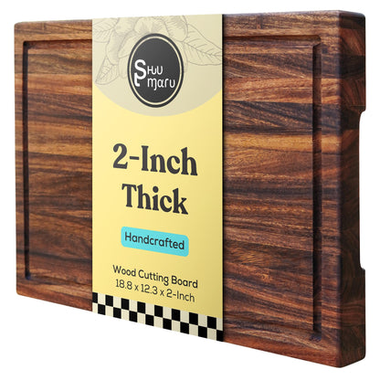 Shumaru 2-Inch Thick Large Butcher Block Cutting Board – 18.8" x 12.3" Made of Premium Tropical Walnut | Non-Slip Feet, Juice Groove & Handles