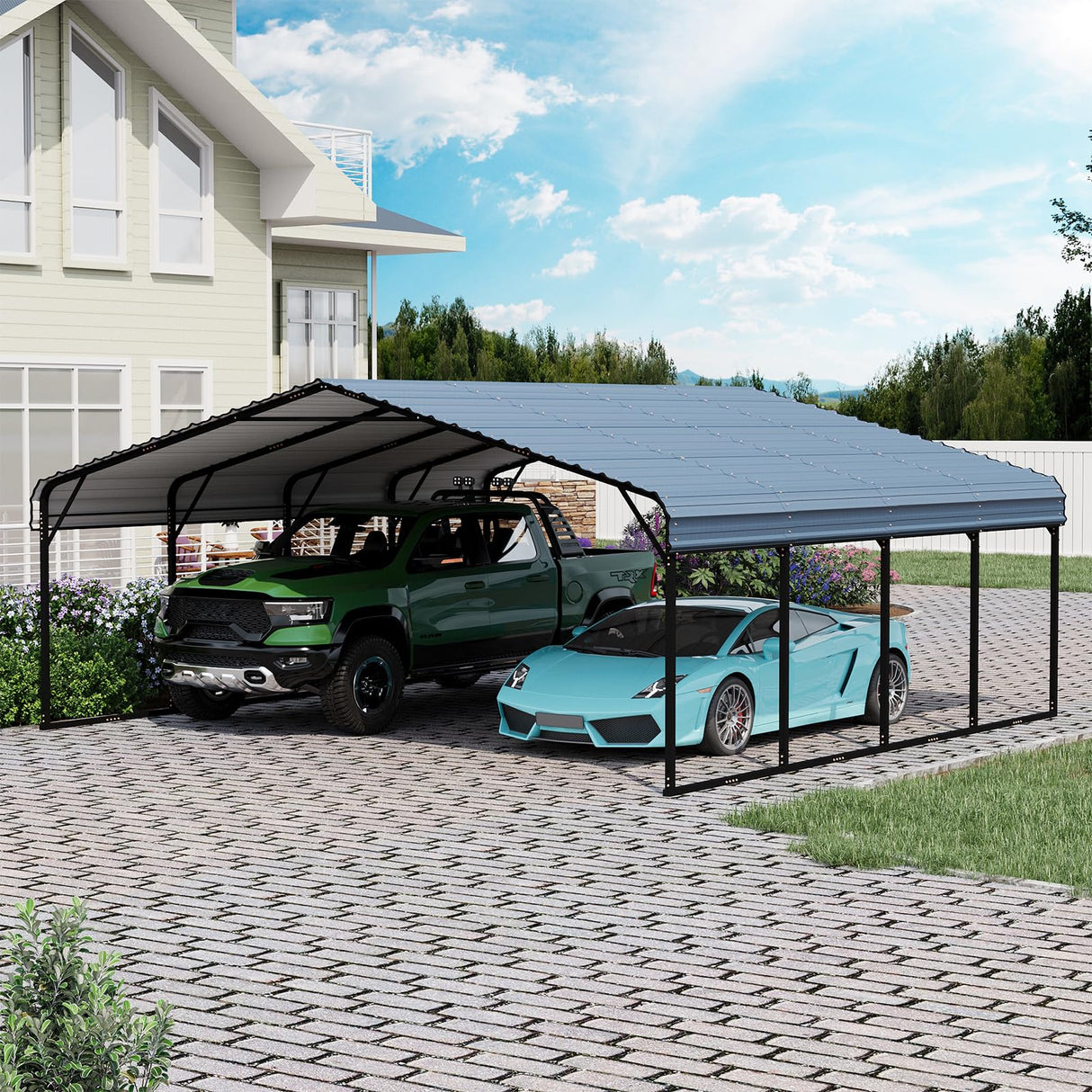 EROMMY 20x20FT Stable Metal Carport, All-Weather Heavy-Duty Carports with Strong Base, Sturdy Car Shed with Galvanized Steel Roof and Frame, Easy Assembly Car Port for 2 Cars, Tractors, Boat, Gray EROMMY