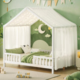 Merax House Shape Full Size Montessori House Bed Wood Floor Bed with Canopy Full Bedframe for Kids No Box Spring Needed White Merax