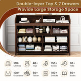 GlouMod Farmhouse 7-Drawer Dresser Chests for Bedroom, LED Dresser with Charging Station, Wood Rustic Tall Chest of Drawers, Brown GlouMod