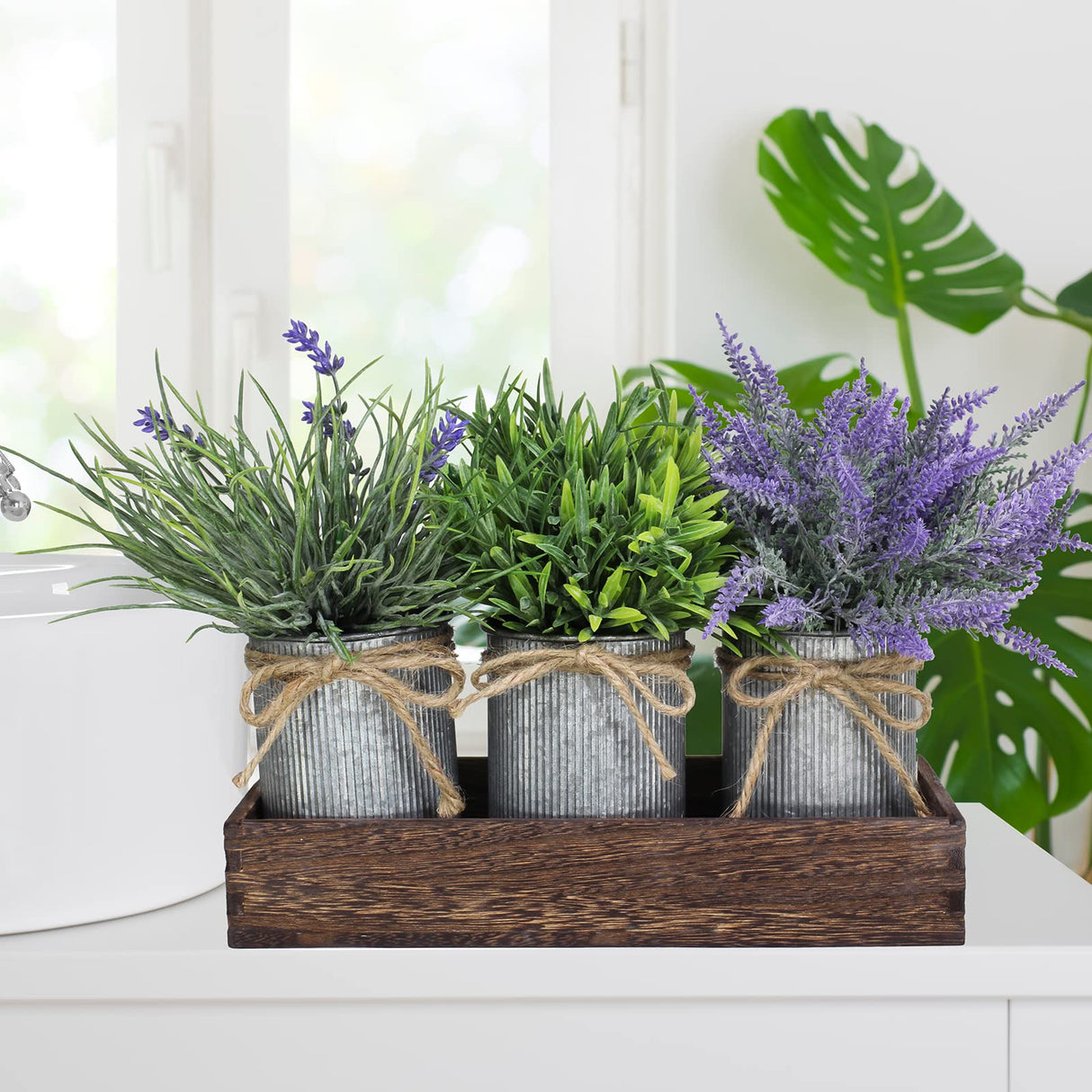 Set of 3 Small Potted Plants Arrangement Artificial Lavender and Grass Plants in Rustic Galvanized Metal Pots with Decorative Wood Tray for Farmhouse Table Centerpiece Windowsill Indoor Greenery Decor Winlyn