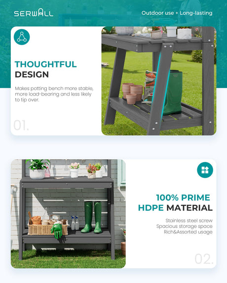 SERWALL Potting Bench Outdoor with Storage, 3-Tier HDPE Gardening Table with Angled Legs & Tool Hooks, All-Weather Heavy Duty Potting Table for Patio, Backyard, Garden, Gray SERWALL