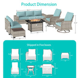Muphyers 10-Piece Outdoor Patio Furniture Set with Rocking Swivel Chair, PE Wicker Rattan Sectional Sofa Patio Conversation Set with 55,000 BTU Fire Pit Table & Coffee Table, Light Blue Muphyers