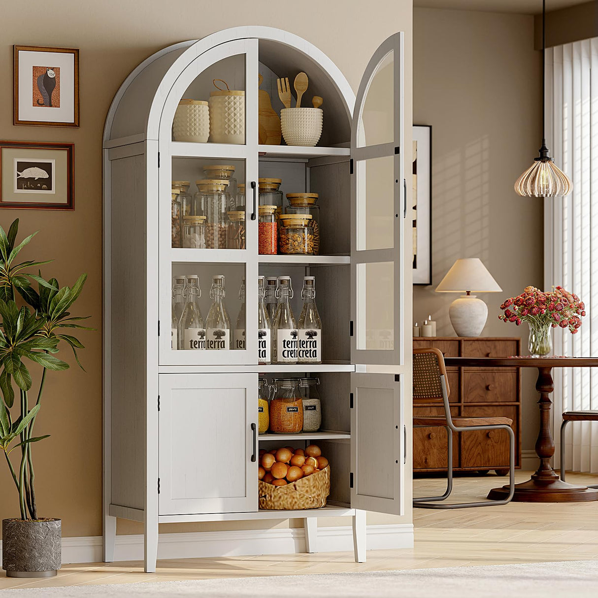 ONBRILL 71" Tall Arched Cabinet, 5-Tier Arched Kitchen Pantry with Glass Doors & Shelves, Modern Display Arch Cabinet with Adjustable Feet, Wooden Pantry for Living Room, Dining Room, Off White ONBRILL