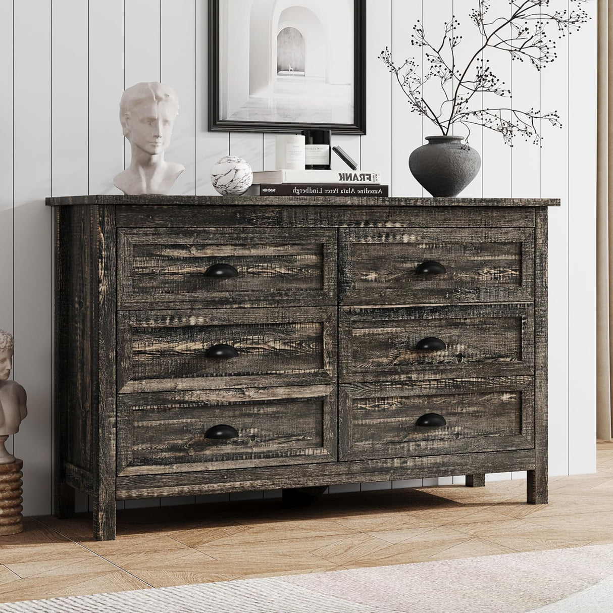 Modern Farmhouse Wood Dresser for Bedroom, Rustic 6 Drawer Dresser with Vintage Black Antique Handle, Double Dresser and Chest of Drawers for Hallway, Rustic Brown Oak HOUROM