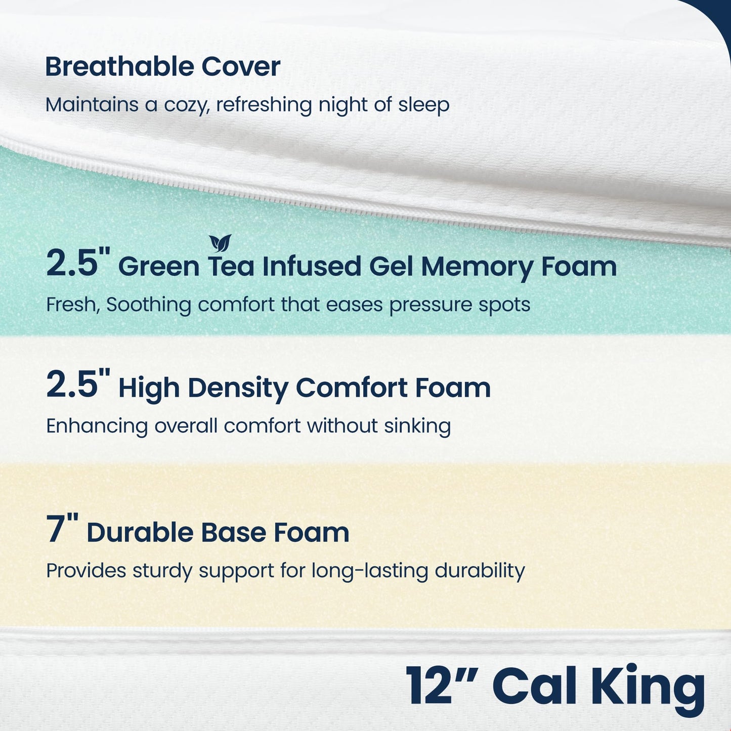 GAESTE 12 Inch Cal King Cooling Gel Medium Firm Green Tea Memory Foam Mattress for Cool Sleep CertiPUR-US Certified Convenient Mattress in a Box Fiberglass Free (California King, 12 in)