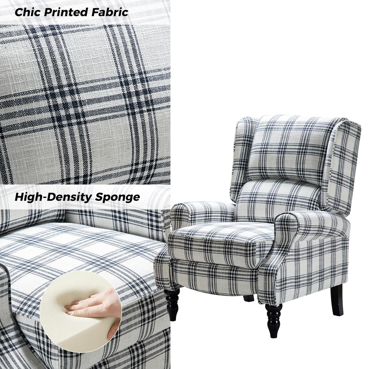 HULALA HOME Upholstered Wingback Recliner Chair, Small Adjustable Footrest Push Back Single Reclining Sofa, Mid Century Modern Lounge Armchair for Living Room, Bedroom, Reading/Plaid Black HULALA HOME