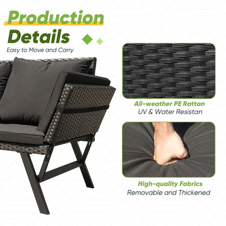 Greesum Outdoor Sofa, Woven Rattan Patio Furniture, Convertible Daybed or Double Chair with Adjustable Armrests, Cushions and Pillows for Yard, Porch, Pool, Black Lounger & Black Pillowcase Greesum