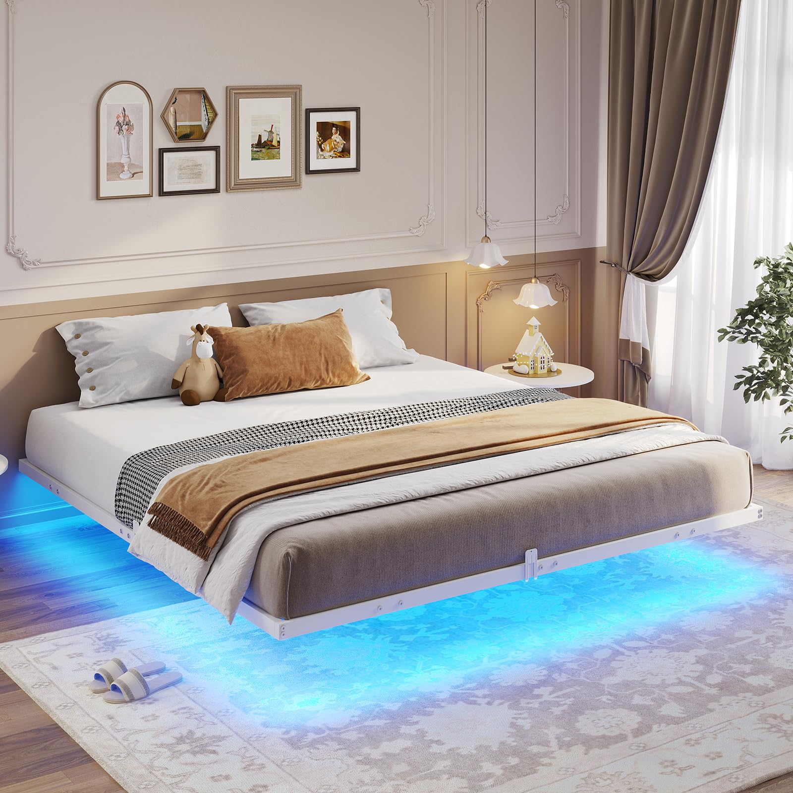 Hasuit King Size Floating Bed Frame with LED Lights - Metal Platform, Easy Assembly, No Box Spring Needed - WoodArtSupply