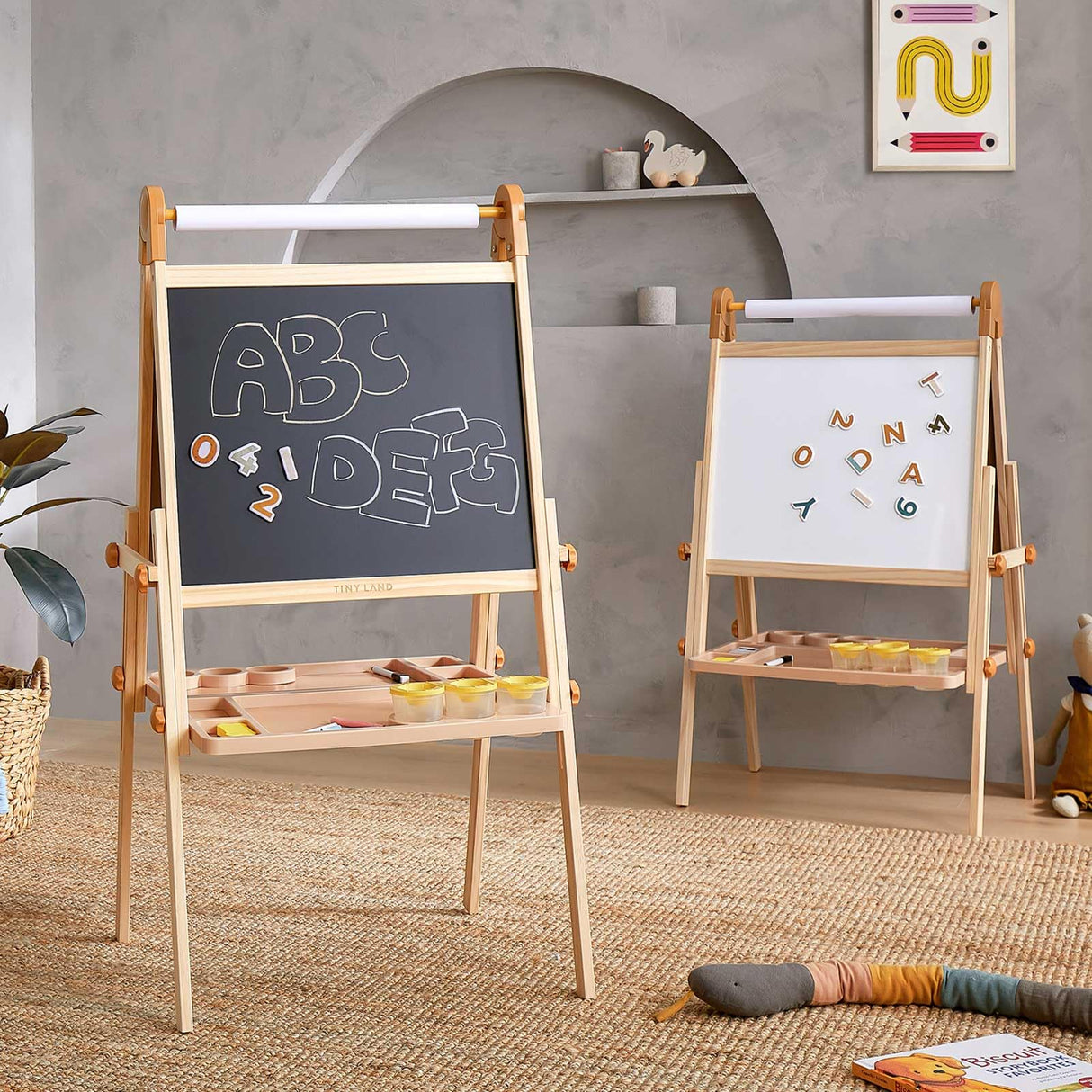 Tiny Land Easel for Kids, Double-Sided Magnetic Easel, Adjustable Wooden Kids Art Easel with Paper Roll, Learning-Toy for 3,4,5,6,7,8 Years Old Boy & Girls Tiny Land