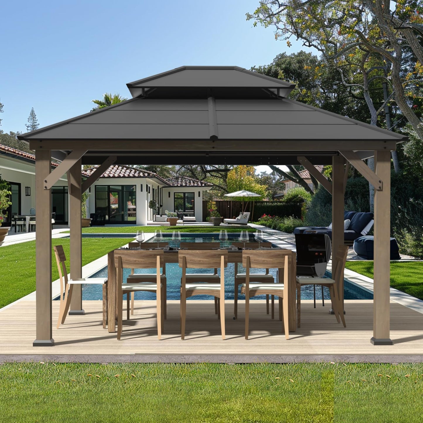 Modern Shade Wood Gazebo 11' x 13', Cedar Framed Wooden Gazebo with Double Galvanized Steel Roof, Hardtop Gazebo with Sturdy Hooks for Garden, Backyard patio and Deck - WoodArtSupply