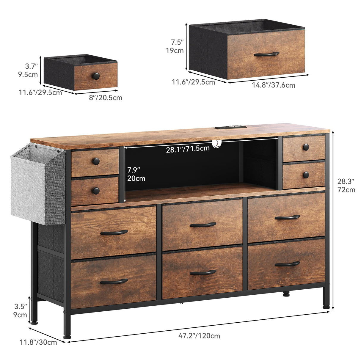 YITAHOME TV Stand with Charging Station, Dresser TV Stand for 55'' TV, 10 Drawer Dresser for Bedroom, Media TV Console Table with Side Pockets & Hooks, Storage Fabric Drawer Unit for Bedroom, Wood YITAHOME