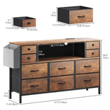 YITAHOME TV Stand with Charging Station, Dresser TV Stand for 55'' TV, 10 Drawer Dresser for Bedroom, Media TV Console Table with Side Pockets & Hooks, Storage Fabric Drawer Unit for Bedroom, Wood YITAHOME