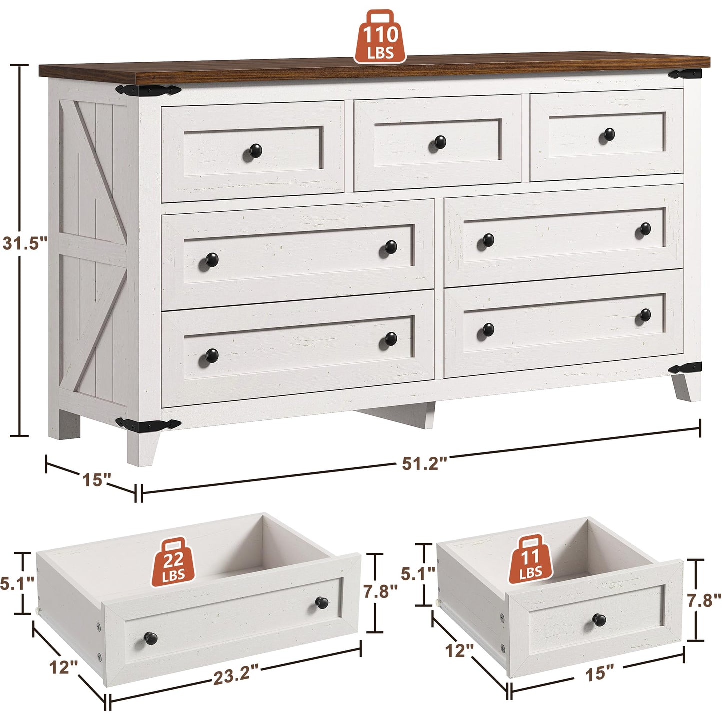 EnHomee Farmhouse 7 Drawers Dresser for Bedroom 51" Wide Wood Dressers & Chests of Drawers White Dresser with Natural Texture Bedroom Dresser TV Stand for Bedroom, Hallway, Closet, Antique Wh - WoodArtSupply