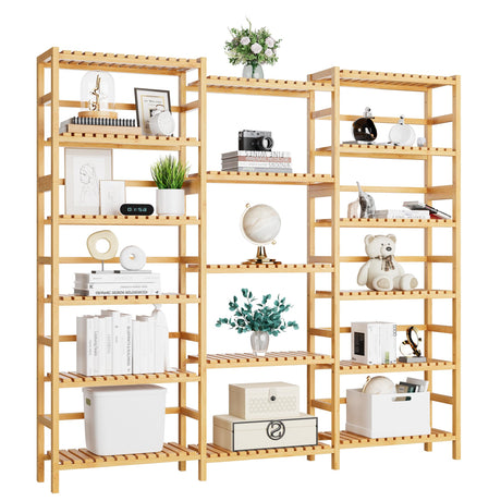 FOTOSOK Triple Wide 6-Tier Bookshelf and Bookcase,Large Freestanding Book Shelf with 17 Open Display Shelves, Tall Bookshelf Plant Flower Shelf Rack Storage Organizer Unit for Living Room, Natural FOTOSOK
