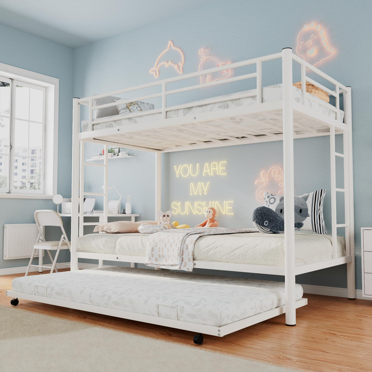 Merax Triple Bunk Bed, Twin Over Twin Bunk Beds with Trundle, Sturdy Steel Bunk Beds Frame for 3 Kids/Teens with Two Side Ladders and Safety Guard Rail,White Color Merax