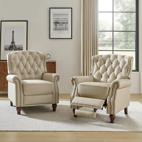 HULALA HOME Genuine Leather Recliner Chair Set of 2 w/Solid Wood Feet, Modern Adjustable Tufted Push Back Arm Chair w/Rivet Decoration, Home Theater Seating Reclining Sofa for Living Room, Beige HULALA HOME