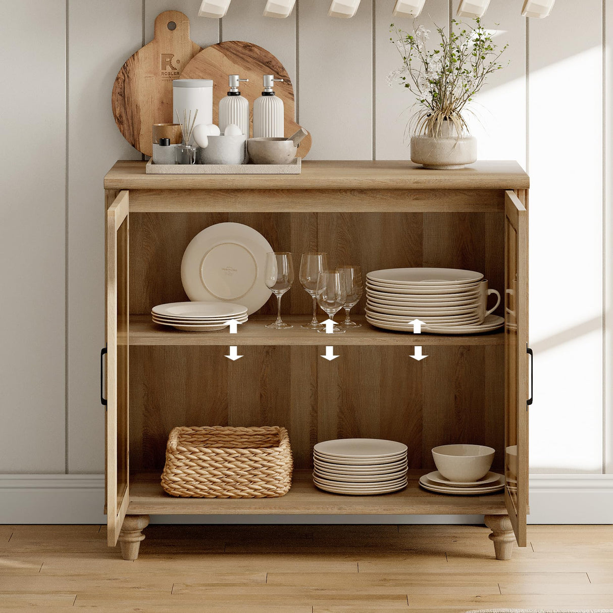WAMAPT Sideboard Buffet Cabinets with Glass Door, Kitchen Storage Cabinets, Wood Coffee Bar Tables with Adjustable Shelf, Accent Sideboard Storage Cabinet Table Dining Room, Living Room,Oak 34 inch WAMPAT