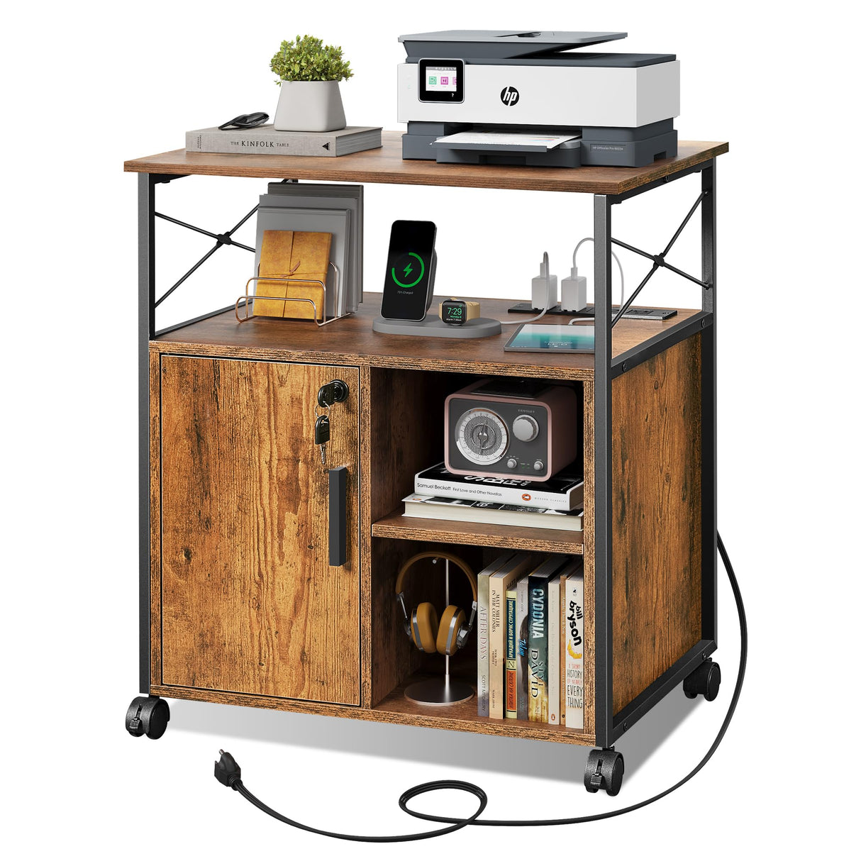 DEVAISE File Cabinet with Charging Station, Lockable Lateral Filing Cabinets for Home Office, Printer Cabinet Accommodates A4/Letter Size File folders, Rustic Brown DEVAISE