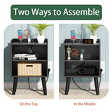 LAKEMID Night Stand with Charger Station, Bedside Table with LED Lights, Side Table with Fast USB-C Port, Nightstand with Solid Wood Feet, Small End Table for Bedroom, Living Room, Black LAKEMID