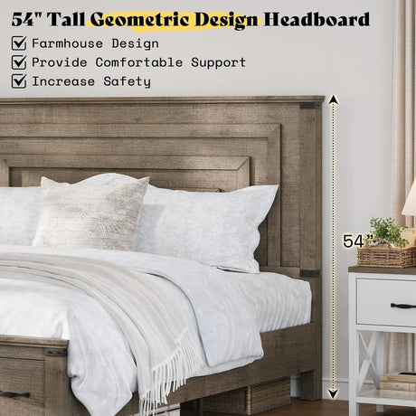 AMERLIFE Farmhouse Queen Bed Frame with 54" Tall Geometric Headboard & Footboard, Rustic Wood Platform Bed Frame with Large Storage Drawers, Wood Slats Support, No Box Spring Needed, Rustic Gray AMERLIFE