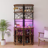 Aufvolr Wine Bar Cabinet with Power Outlet, 6-Tiers Industrial Wine Cabinet with LED Light and Glass Holder, Corner Wine Cabinet with Adjustable Shelf, Liquor Cabinet Bar for Christmas Aufvolr