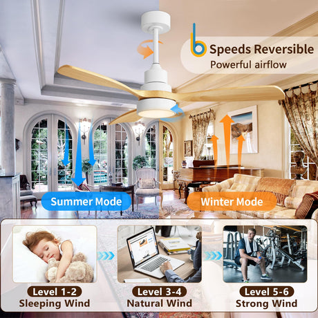 Sofucor 48'' Ceiling Fan with Lights Remote Control 3 Colors Smart Ceiling Fan 6 Speeds Modern Ceiling Fan with Timer Reversible Wood Ceiling Fans for Bedroom Living Room Outdoor Patios Sofucor