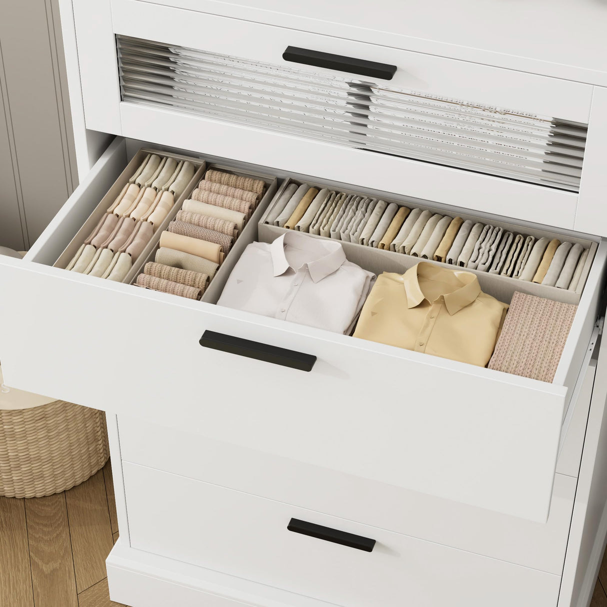 HOSTACK Modern 5 Drawer Dresser for Bedroom, Tall White Dresser Chest of Drawers with Metal Handles, Wood Dresser Storage Cabinet with Anti-Drop Fence & Fluted Glass for Living Room, Entryway, White HOSTACK