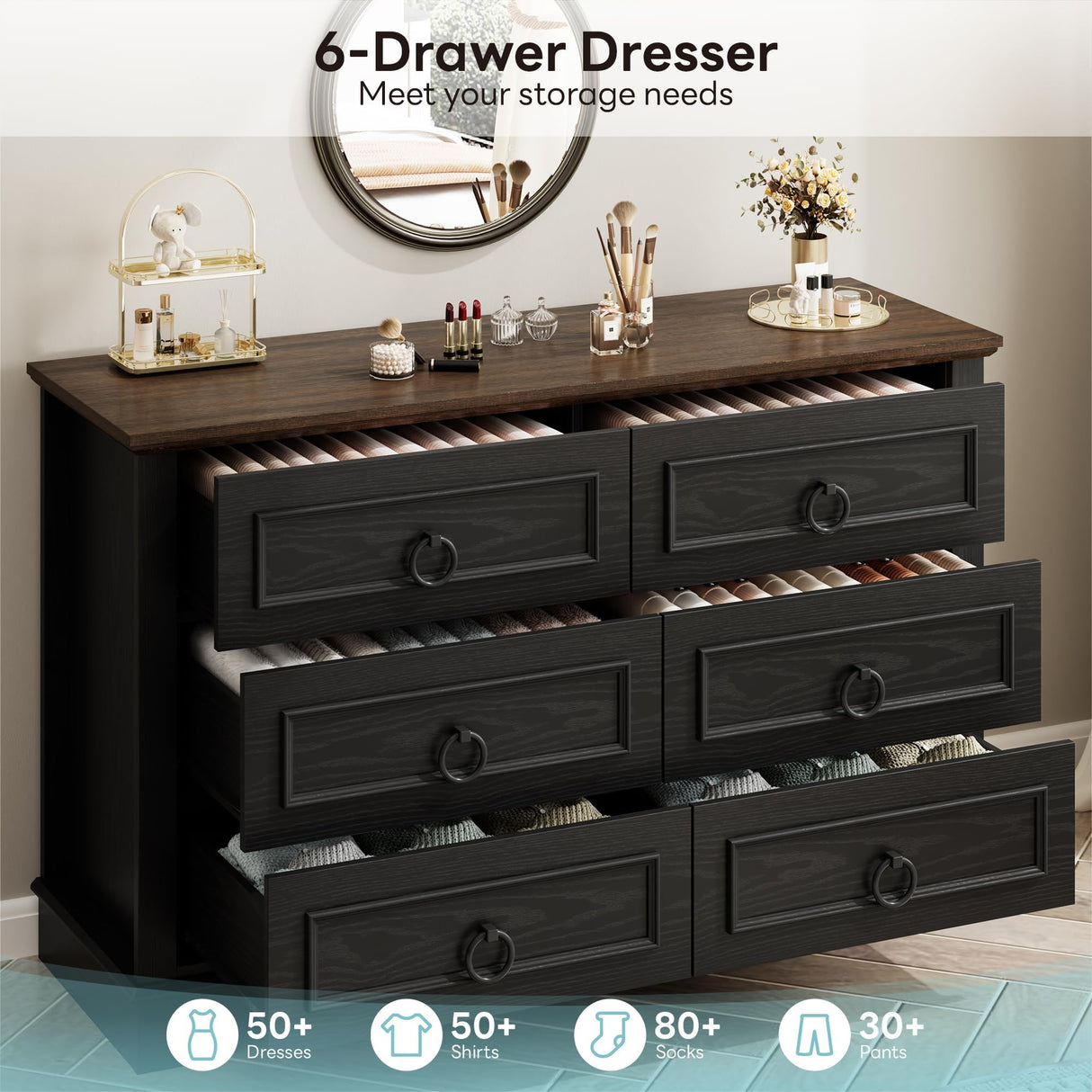 LIKIMIO Farmhouse 6 Drawers Dresser for Bedroom, 47.2" W Modern Dresser with Round Metal Handle, Thickened Desktop, Wood Rustic Chest of Drawers for Bedroom, Hallway, Entryway, Black LIKIMIO