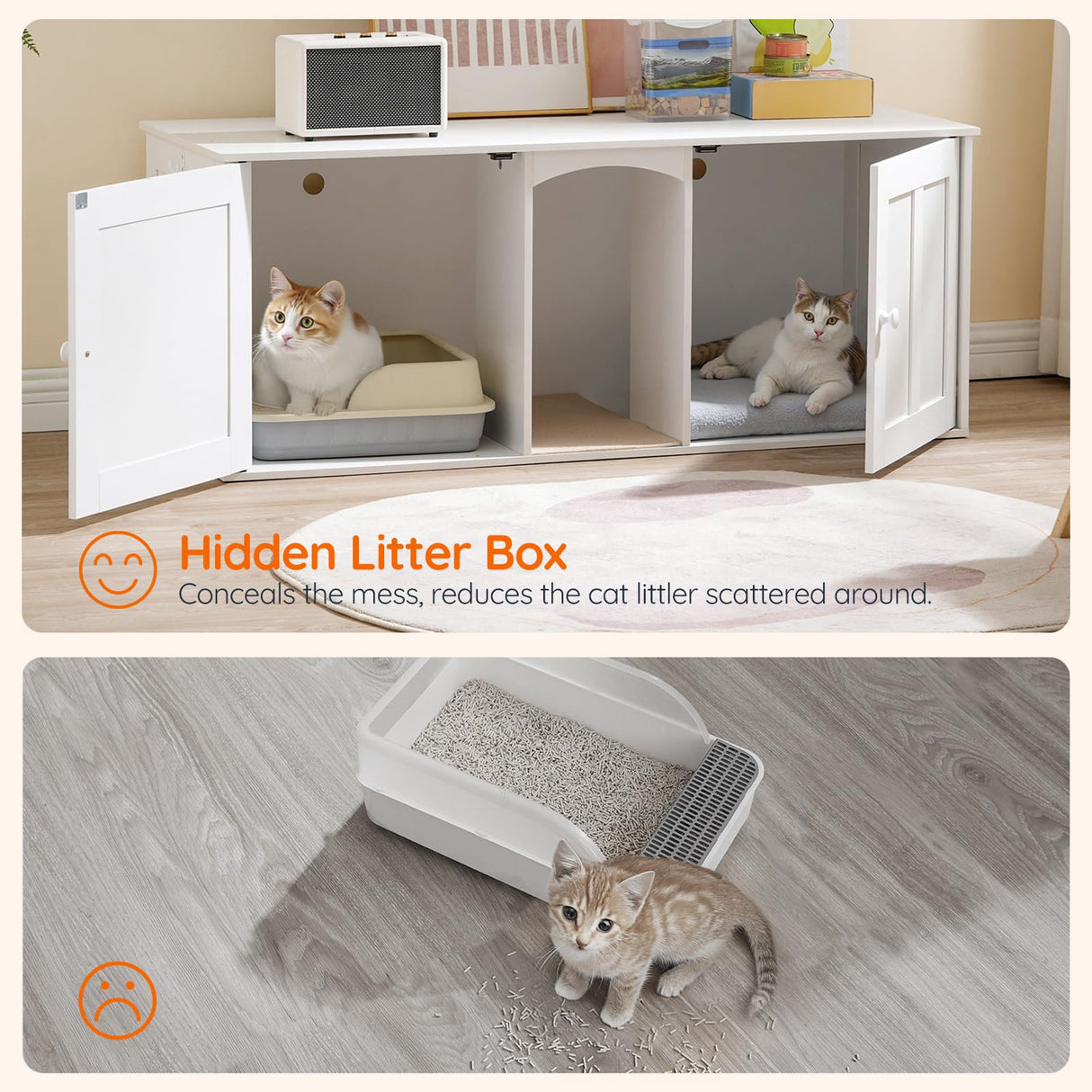HOOBRO Litter Box Enclosure with Double Room, Cat Furniture for 2 Cats, Hidden Litter Box Furniture with 2 Hooks, Wooden Cat Washroom with Scratching Mat, White WT21MW01 HOOBRO