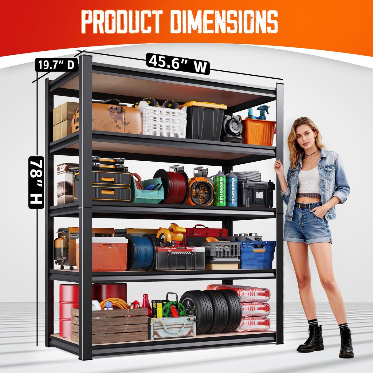 JOJUOU Garage Shelving-2050 lbs 5 Tier Storage Shelves,Adjustable Heavy Duty Metal Shelving Unit and Storage Large Rack,Utility Steel Shelf for Warehouse Industrial Pantry Basement -78"x46"x20",Black JOJUOU