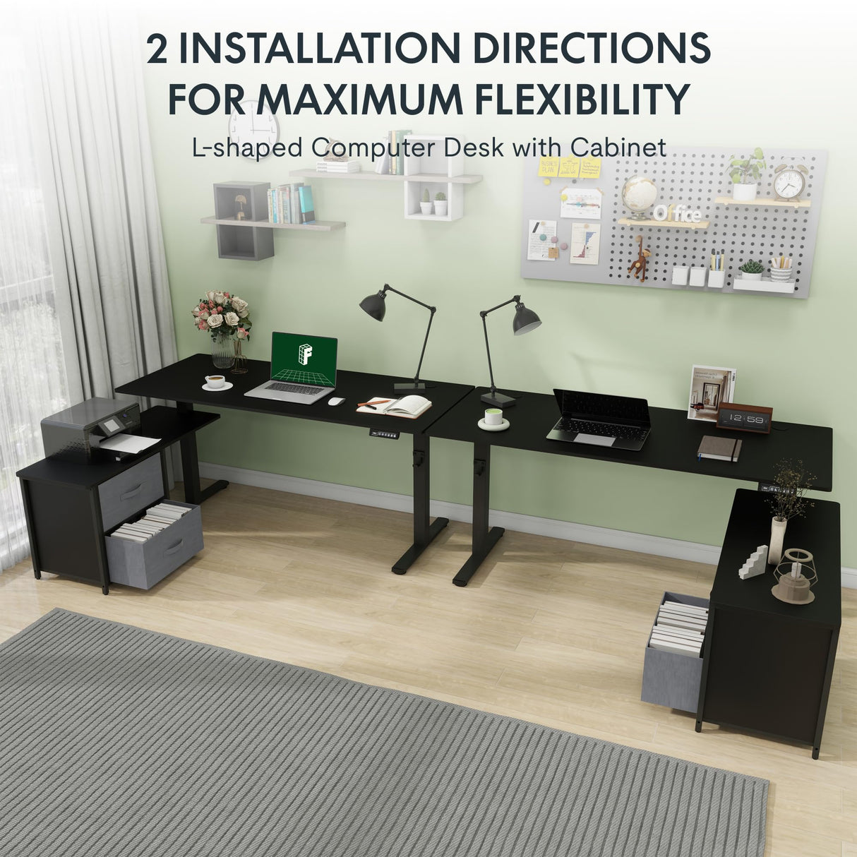 FLEXISPOT 63'' L Shaped Standing Desk with Drawers, Adjustable Height Desk with Shelves, Large Corner Stand Up Desk with Headphone Hooks for Home Office, Black Top+ Black Frame FLEXISPOT